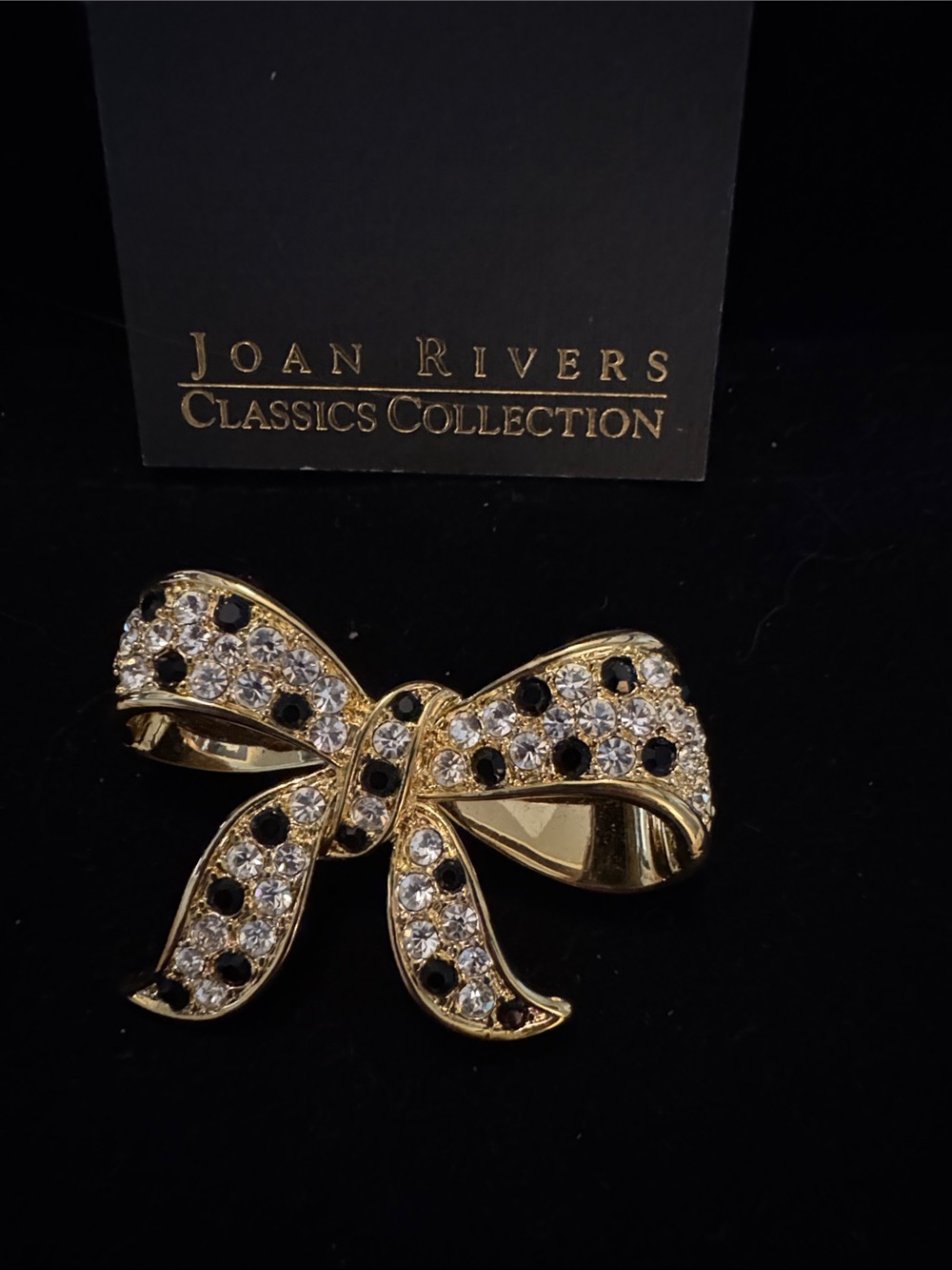 Rare Joan Rivers Gold Bow Brooch with Black and Clear Rhinestones